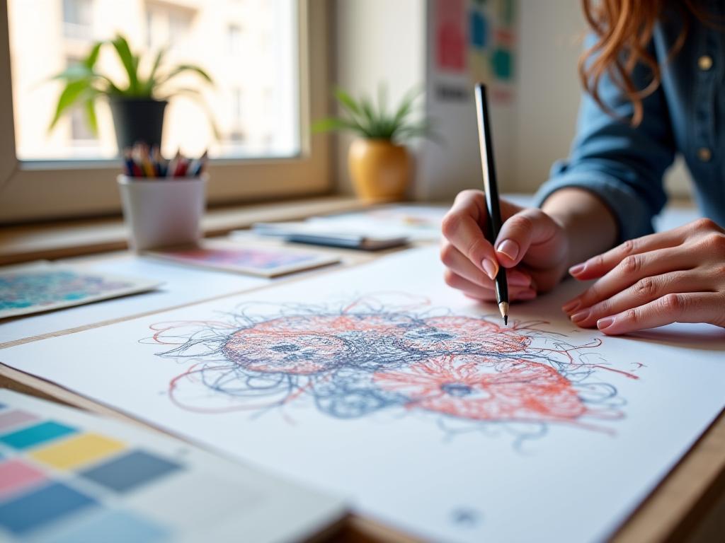 Textile designer sketching patterns in Swiss atelier during creative process